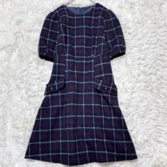 ルーデルー チェックワンピース 半袖 ウール ネイビー S 上品　きれいめ　秋冬