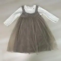 ベージュ チュールワンピース 七分袖