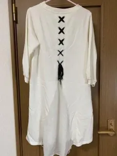 NICE CLAUP ホワイト 七分丈バックレースアップワンピース