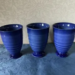 美品　藍色　陶器フリーカップ　3客