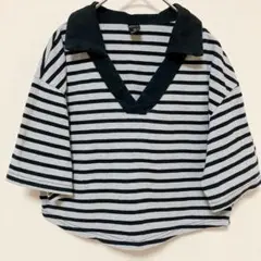 DAZYデイジー 【M】ポロネック ボーダーTシャツ クロップド丈 グレー 黒