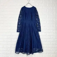 シーイン/S/青/総レース/フレア/ワンピース/ウエスト切替/長袖/春秋/ドレス