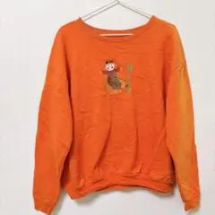 ヘインズ スウェット クルーネック 長袖 刺繍 トレーナー 橙 XL相当　タウン