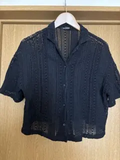 【美品】1度着用　シースルーレースシャツ　襟付き半袖　黒　おしゃれ　Ｌサイズ