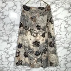EKDUTIN　（42）　花柄シフォンフレアスカート　日本製　茶黒
