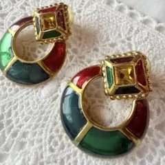 ヴィンテージ カラフル 大ぶりピアス レトロ ゴールド　エナメルピアス