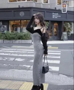 Darich アンサンブルチェックニットロングワンピース