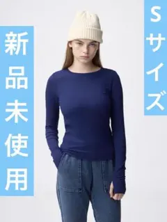 【新品未使用】 GU ウォームリブクルーネックT 12分袖 ブルー S