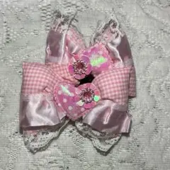 【A20】ハンドメイド ヘアゴム / ピンク リボン チェック レース