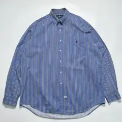 90s ラルフローレン 長袖BDシャツ L 青ストライプ ポケット付 8256