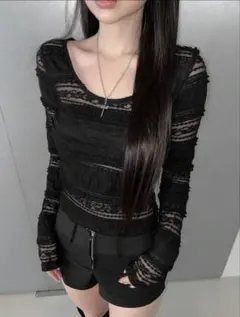 SHEINレースデザイン ブラック 長袖トップス