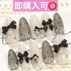 ネイルチップ現品オーダー量産型フレンチガーリー韓国ワンホンスナ系黒ベージュリボン