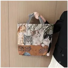 ねこ柄 大容量 トートバッグ かわいい子猫柄 ショルダー ファスナー付き