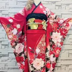 振袖フルセット　正絹　トールサイズ　銀彩　金刺繍豪華 振袖 豪華 銀通し 刺繍 金彩 グリッター箔 洋花 身丈175cm