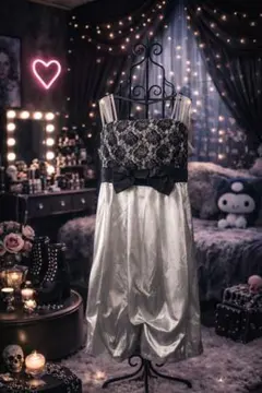 大きいサイズ17ABR／ゴールドキャミワンピースレース装飾ドレス裾バルーン管F