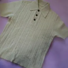 WOOL100%ケーブル編みクリーム色ニットポロシャツ