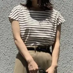 ワイドドロップ　ボーダーT フレンチスリーブ　ナノユニバース