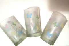蝶と花デザインのガラスコップ 3個セット　昭和レトロ