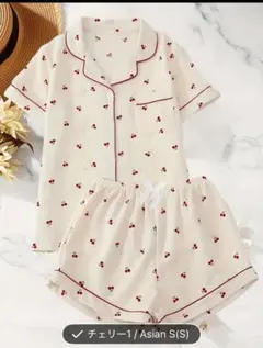 パジャマ ルームウェア セットアップ チェリー ホワイト レッド コットン風