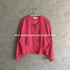 昭和レトロ総柄ブラウス　ヴィンテージシャツ　ショッキングピンク　クロップド丈