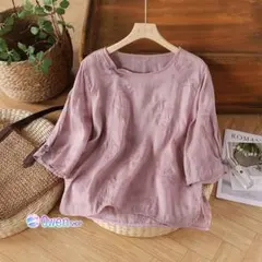 ブラウス ラウンドネックI ゆったり 七分袖 全4色 刺繍 無地 柔らかくて