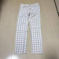 GU ホワイト　コーデュロイ　タイトストレートパンツ 白×グレー　チェック　L