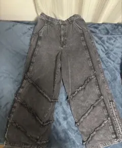 cussil フリンジ付きグレーワイドデニム