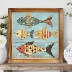 ★ 木製 壁飾り 鮮やかな魚 ★ 木枠あり 　絵　 　サカナ　魚グッズ　新品