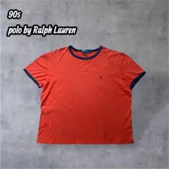 90s Ralph Lauren ワンポイントポニー刺繍Tシャツ XL オレンジ