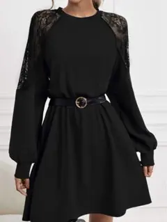 a013 SHEIN ブラック レーススリーブ ワンピース