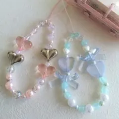 ビーズキーホルダー　ストラップ　平成女児　シール帳　ピンク　水色　ハート　リボン