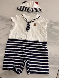 ミキハウス ストライプロンパース 帽子付き