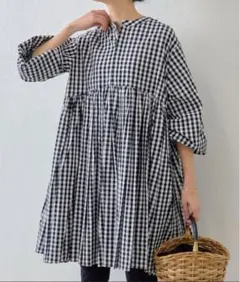 ビアズリー ギンガムチェック 先染めギャザーチュニック 前後2way