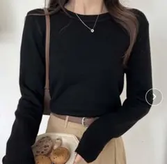 裏起毛クルーネックニット　セーター　黒　Freeサイズ