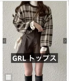 チェック柄ボリュームスリーブニットトップス[gn11]
