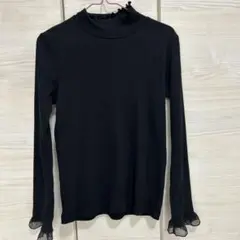 リブ編みハイネック長袖トップス 黒
