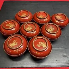輪島塗 沈金蒔絵 花蝶文 朱塗 金縁 菓子椀 8客 茶懐石道具 明治〜大正