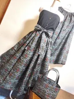 1672　大島紬リメイク☆ギャザースカート+ガウチョパンツ＆トートバッグストール
