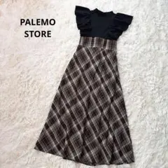 パレモストア ドッキングワンピース フリル袖 レースアップ チェック M 茶 黒