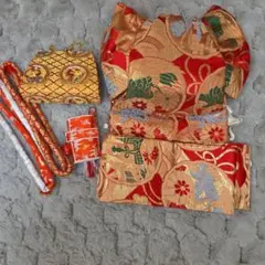 昭和レトロ　赤金 花柄 結び帯 7歳祝用　付属品付き