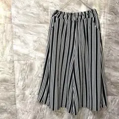 ストレッチ素材 ガウチョパンツ ブラックホワイトストライプ ウエストゴム 楽ちん