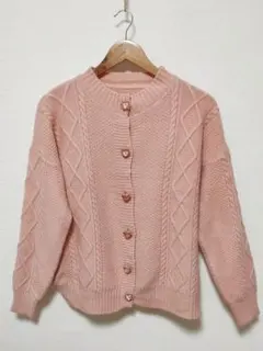 ピンク ケーブル編み 長袖ニットカーディガン