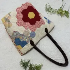 訳あり美品【アンティークキルト　トートバッグ】パッチワーク【プレ付】ハンドメイド