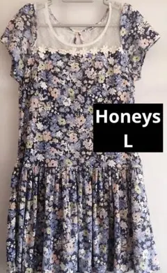 Honeys ハニーズ　花柄 半袖ワンピース　L レース　フレア　ミニワンピース