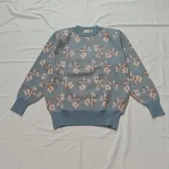 90s TOSKANA 総柄ニット くすみブルー 花柄 F