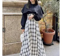 GRL チェック柄ドッキングケープカラーワンピース