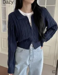 襟付きジップアップクロップドセーター
