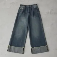 CLEL ヴィンテージデザイン ロールアップデニムパンツ　インディゴブルー　XS