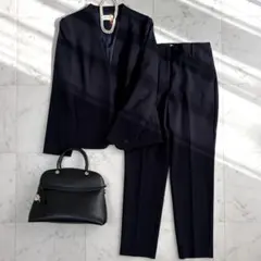 美品 プラステ ノーカラージャケットパンツスーツ ネイビー ウォームリザーブ L