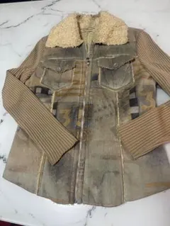 neuf cent neuf ファー襟付き 異素材切替コート／ウール混／総柄